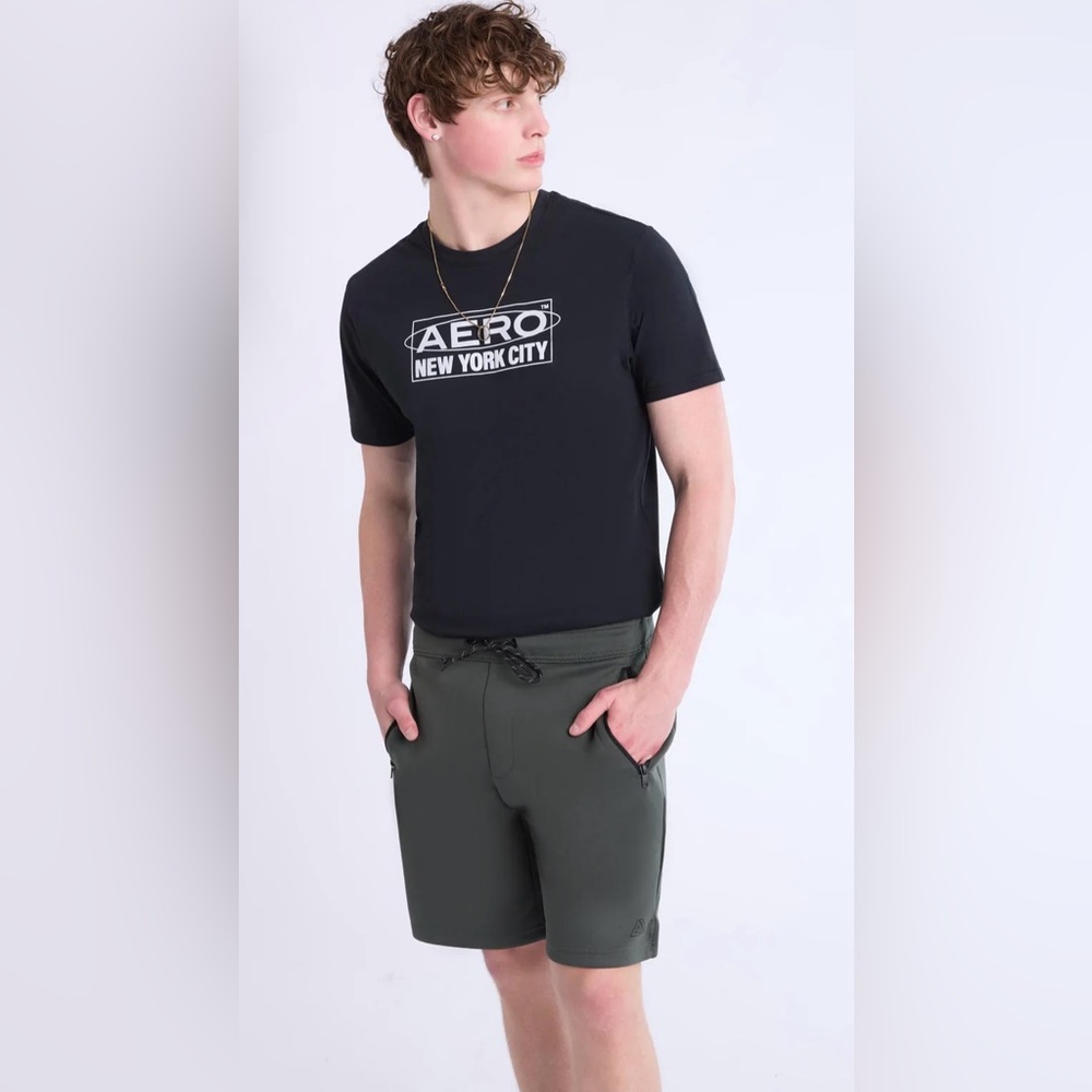 AERO Men’s Air Tech Fleece Active Drawstring Shorts - Olive Dark Green w Black
